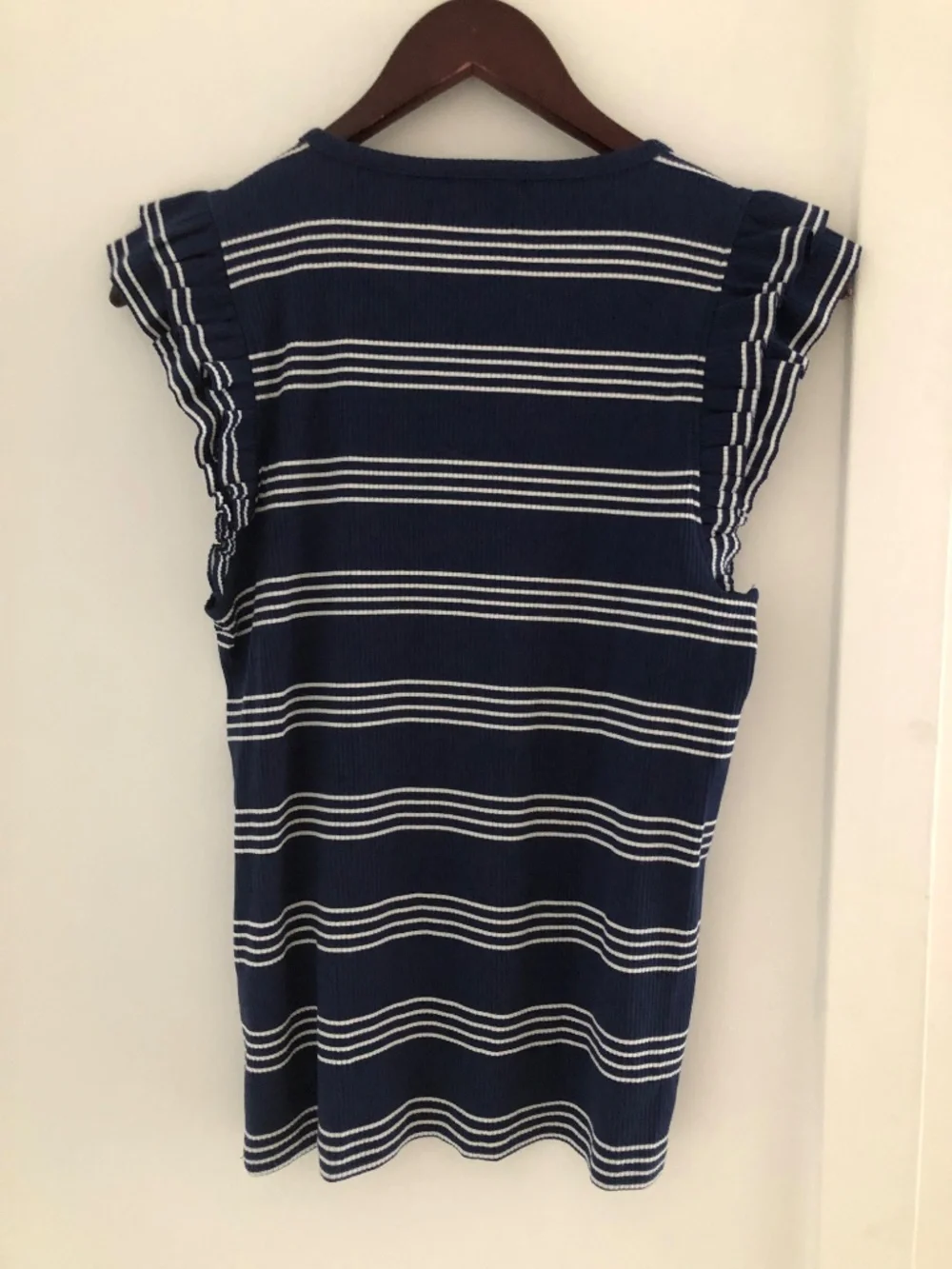 J. Crew Striped Ruffle-Sleeve Ribbed Tank Top in Navy & White.Size M